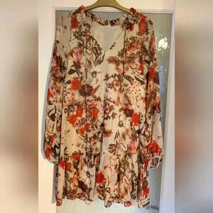H&M floral A-line Flare Shift on dress tunic oversized size Us 4 S Orange Cream